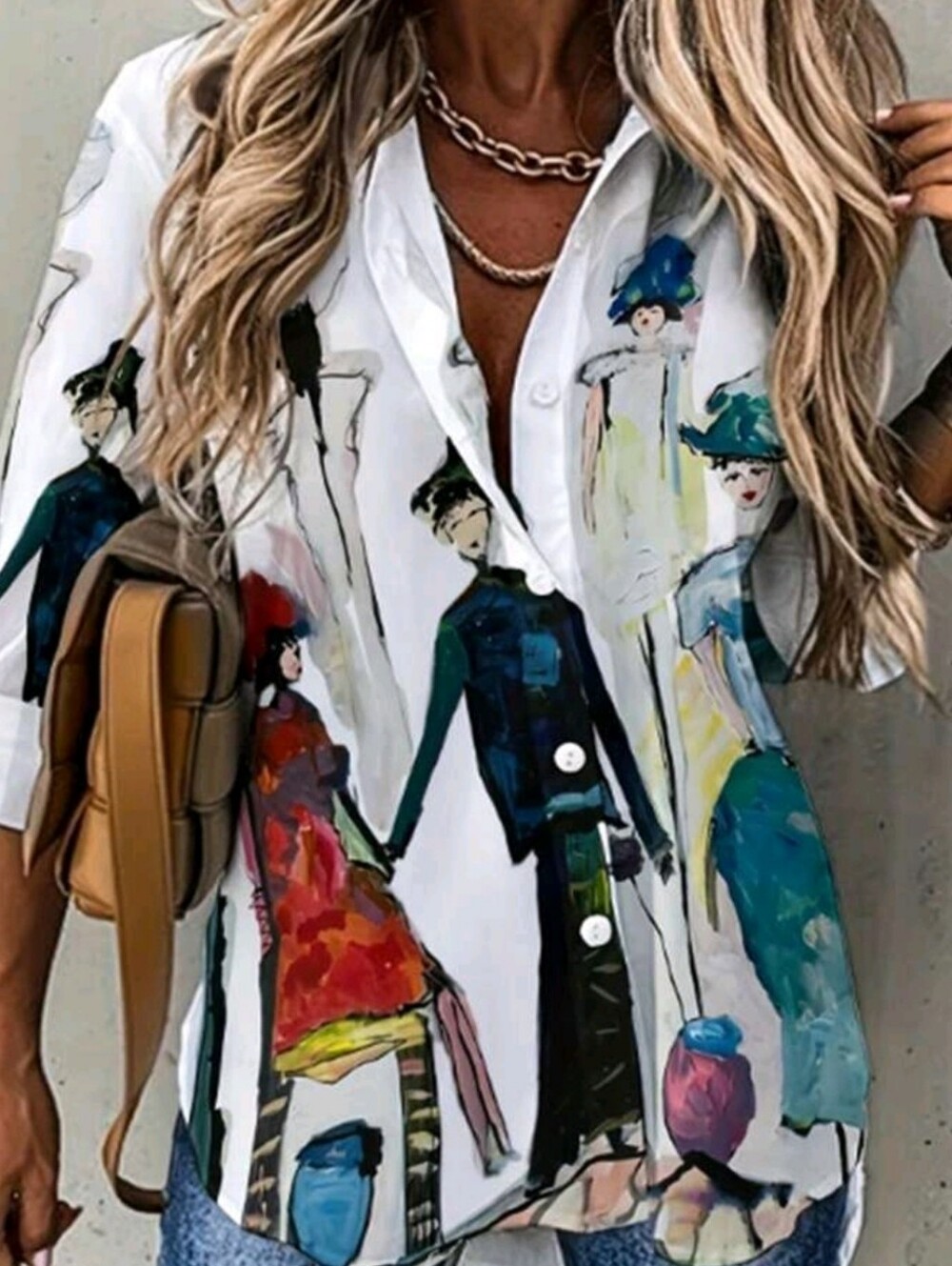 Artistic Print Button-Down Women's Top in White
